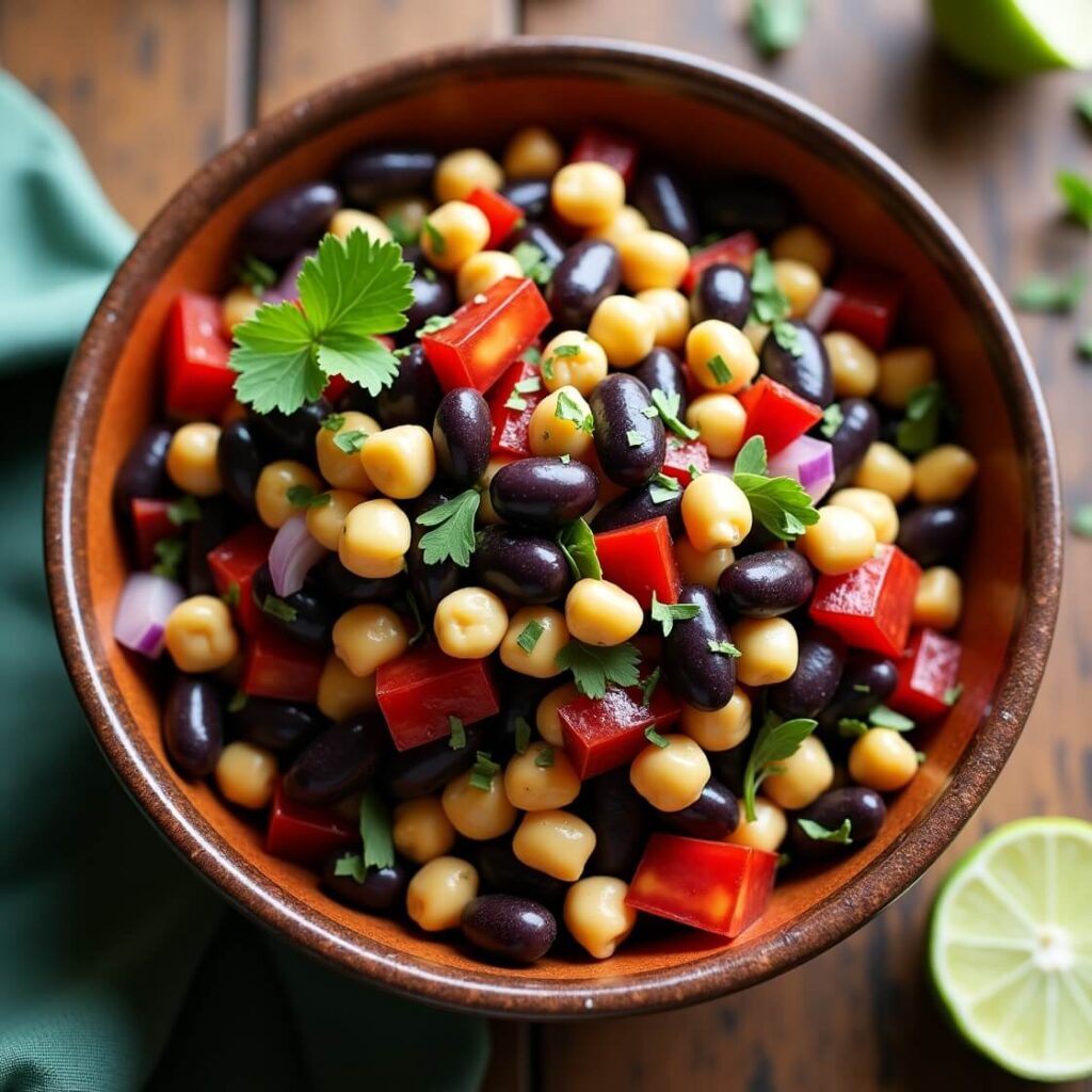 Dense bean salad close-up with mixed beans and colorful vegetables
