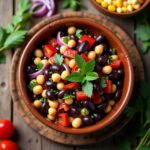 Dense bean salad close-up with mixed beans and colorful vegetables