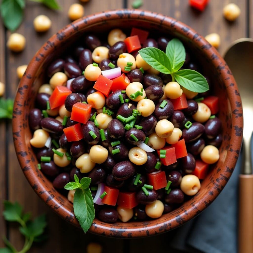 Dense bean salad close-up with mixed beans and colorful vegetables