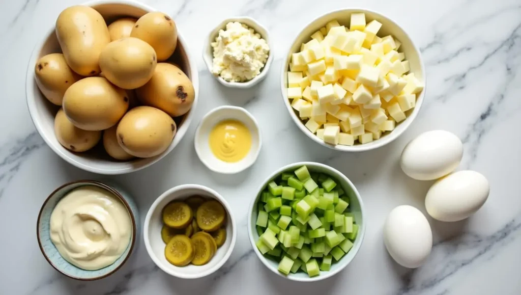 Ingredients for best potato salad recipe with Yukon Gold potatoes
