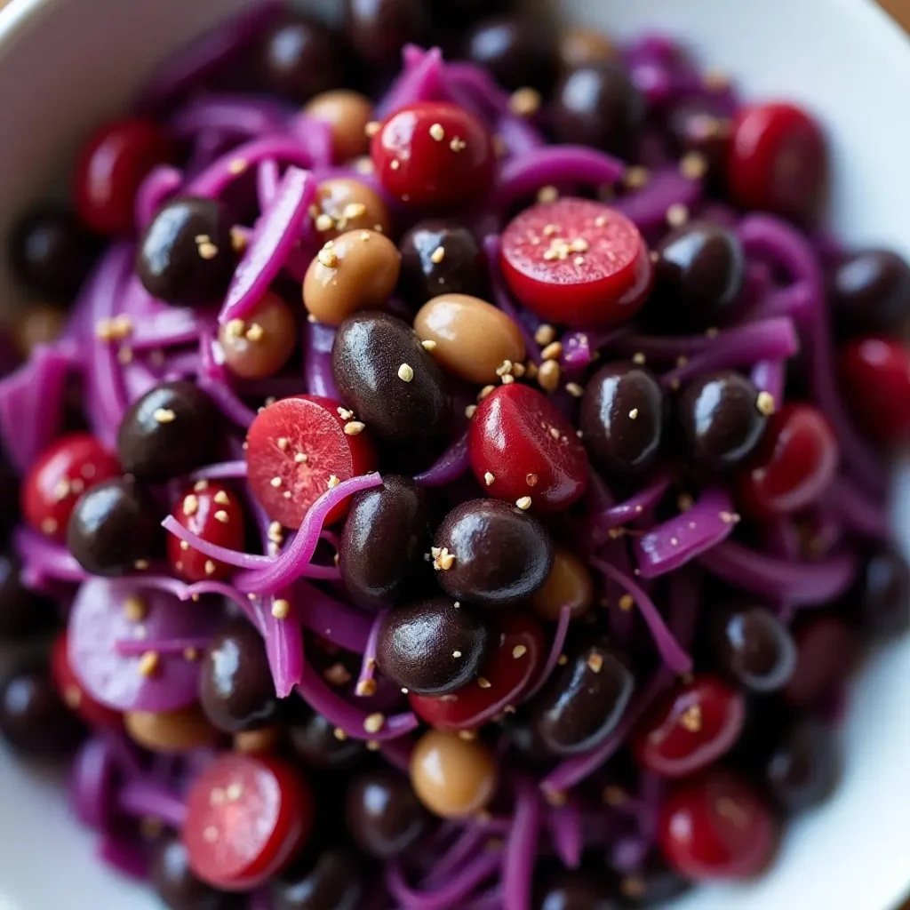 Violet dense bean salad with purple cabbage and beets